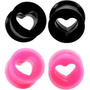 NewZenro Hollow Heart Shaped Soft Silicone Flexible Double Flared Ear Tunnels Plugs Gauge Expander Stretching Earrings for Women Men Couples Love Piercing Body Jewerly Gift Black Pink 2 Pairs Set
