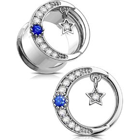 Jewseen 2Pcs Moon Ear Gauges Star Ear Tunnels 2G-1/12’’ Ear Plugs Surgical Steel Tunnels for Ear Double Flared Gauges Ear Expander Stretcher Screw Fit Tunnels for Women Men