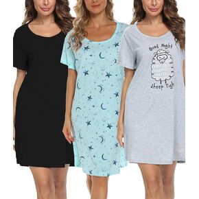 ENJOYNIGHT 3 Pack Womens Cotton Nightgown Short Sleeve Nightshirt Soft Sleep Shirt