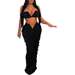 Tcremisa Women's 2 Piece Skirts Sets Sexy V Neck Tube Tops High Waist Ruched Pleated Skirts Outfits Clubwear