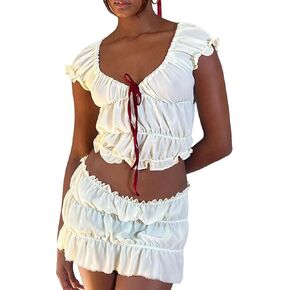 Mxiqqpltky 2 Piece Skirt Sets for Women Ruffle Short Sleeve Tie Up Crop Top & Elastic Waist Pleated Mini Skirt Set Y2K Outfit