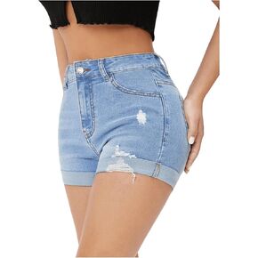 WDIRARA Women's High Waist Ripped Skinny Denim Shorts Rolled Hem Shorts with Pockets