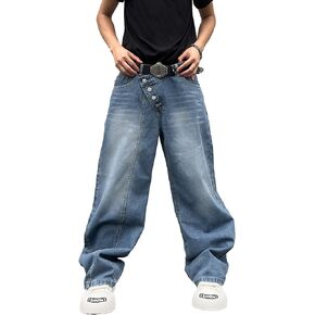 Men's Slanted Button Fly Oversized Wide Leg Jeans Baggy Straight Leg Denim Pants Casual Trousers Streetwear