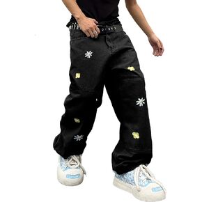 Mens Wide Leg Jeans Patchwork Flower Daisy Embroidery Straight Denim Pant Y2k Hip Hop Baggy Trousers