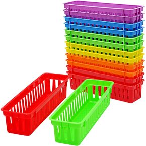 4E's Novelty 12 Pack Pencil Holder for Kids Desk, Colorful Plastic Pen Baskets Tray for Organizing Classroom Supplies, Plastic Caddy for Desk and Elementary Teacher Supplies for Classroom