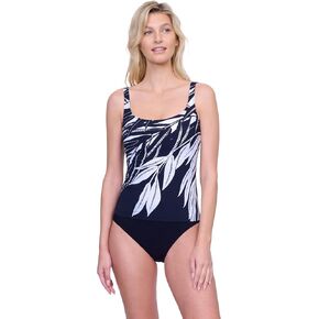 Gottex Natures Beauty Black and White Leafy Print Women’s Round Neck Tankini Bathing Suit Top with Adjustable Straps