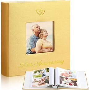 50th Anniversary Photo Album Holds 200 Pcs 4 x 6 Inch Gold Leather Wedding Anniversary Photo Album with Front Window Double Heart Memory Album Scrapbook for Couple