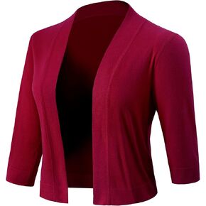 Womens 3/4 Sleeve Sweater Shrugs for Women Lightweight cardigan Winered