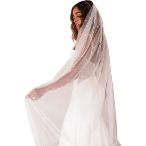 Wedding Bridal Veil 1 Tier Soft Tulle Pearl Veils for Brides Fingertip&Cathedral Length With Metal Comb