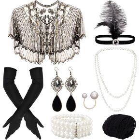 11 Pieces 1920s Great Flapper Accessories Set for Women Sequins Shawl Feather Headpiece Pearl Necklace Earrings Long Gloves