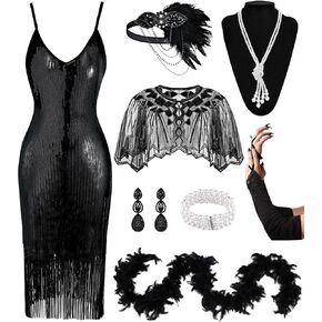 1920S Flapper Dress Women Sequin Fringe Slip Dress V Neck Sequin Lace Shawl Feather Boa with Roaring 20s Accessories