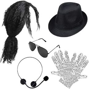 80s Pop Rockstar Dance Costume Accessories,Balck Curly Wig Sequins Gloves Sunglasses MJ Performance Costume Kit in Kuwait