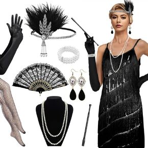 12Pcs 1920s Sequin Fringed Dress with Accessories Roaring 20's Great Gatsby Flapper Dress for Women Ladies
