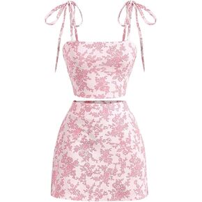 WDIRARA Women's 2 Piece Outfit Floral Print Tie Shoulder Cami Top and Split Hem Skirt Set