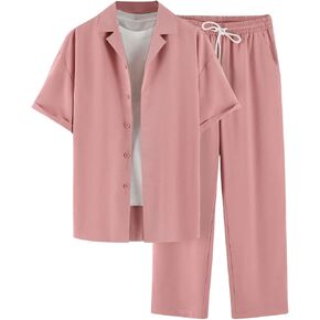 OYOANGLE Men's 2 Piece Outfit Button Down Collared Short Sleeve Shirt and Pants Set