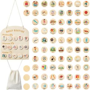 WATINC 78Pcs Wooden Daily Routine Chart Set, Wood Visual Morning Afternoon Evening Schedule Good Habits Reward Chart for Kids, Chore Tasks Checklist with Storage Bag for Toddler School Home Fridge