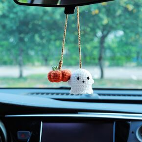 Halloween Car Mirror Hanging Accessories Crochet Pumpkin and Ghost Car Decoration Rear View Mirror Charm Ornaments Cute Car Pendant Interior Decor for Women Girls Teens