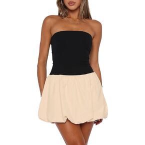 Women's Sexy Sleeveless Tube Short Skirt Y2K Corset Bubble Mini Dress Strapless Bandeau Dresses Party Club