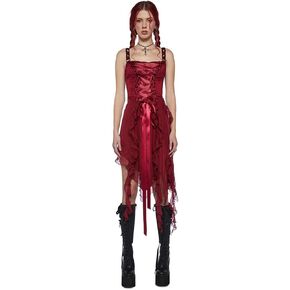 Dolls Kill Life's No Fairytale Midi Dress by Current Mood - Stretchy Satin with Lace-Up Ribbon and Ruffled Hem