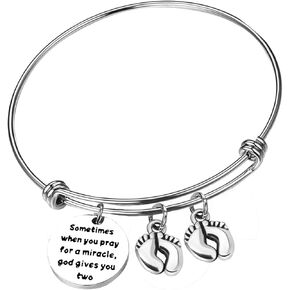 Mom Bracelets Twins Jewelry Gift Sometimes When You Pray for a Miracle, God Gives You Two Twin Mom Jewelry Footprint Charm Expandable Bracelet Mother's Day Thanksgiving Christmas Gift 1PCS