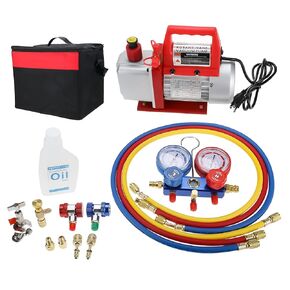 HVAC A/C Refrigeration Kit Including 1/3 HP 4.5CFM Single Stage Rotary Vane Air Vacuum Pump and R134a AC Manifold Gauge Set with Oil, Carry Bag, Tools