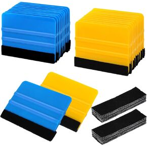 TOPZEA 20 Pack Vinyl Squeegee with 20 Felt Fabric, 4 Inch Felt Edge Car Wrap Squeegee Window Film Decal Applicator, Wallpaper Smoothing Scraper Tool for Window Tint, Craft Sign Making, Blue & Yellow