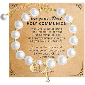 First Holy Communion Bracelets Gifts 14K Gold Plated Initial Pearl Cross CharmPersonalized 26 Alphabet Bracelet for Women Girls