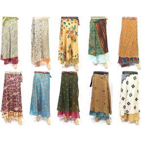 Indian Vintage Two Layer Printed Wrap Around Skirts Reversible 36" Multicolored Pack of 1