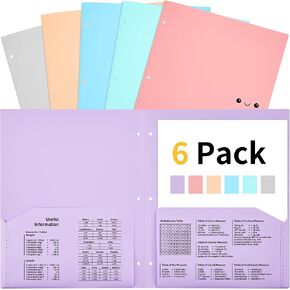 JARLINK 6 Pack Folders with Pockets, Heavy Duty 2 Pocket Folders with 3 Hole Punched, Cute Letter Size File Folders for School, Office Plastic Folder Bulk, Filing Cabinet, Business Resume, 6 Colors