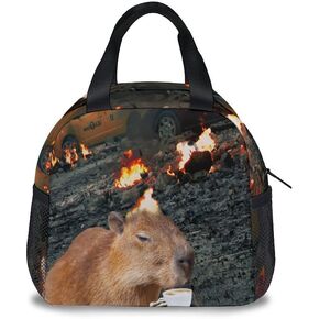 Capybara Lunch Bag for Girls Boys, Insulated Lunchbox for kids, Black Funny Lunch Bags Reusable, Small Foldable Lunchbag for Work School