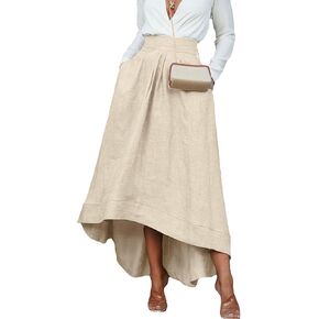 Women's Boho Cotton Linen Long Flowy Skirt High Waist A Line Asymmetric Skirt Casual Elegant Swing Maxi Skirt