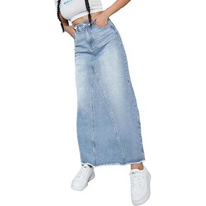 Womens High Waist Maxi Denim Skirt Frayed Raw Hem Midi Jean Skirts A line Casual Long Jean Skirt.