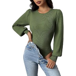 Zeagoo Women 2024 Long Puff Sleeve Sweater Fall Slim Fit Pullover Tops Crewneck Ribbed Knit Bodysuit Jumpsuit S-XXL