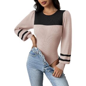 Zeagoo Women 2024 Long Puff Sleeve Sweater Fall Slim Fit Pullover Tops Crewneck Ribbed Knit Bodysuit Jumpsuit S-XXL in Saudi Arabia