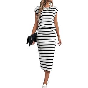 MakeMeChic Women's 2 Piece Outfits Striped Round Neck Cap Sleeve Tee Top and Bodycon Midi Skirts Set