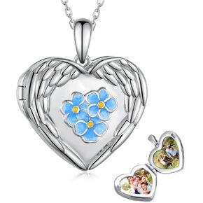 Heart Locket Necklace 925 Sterling Silver Locket Necklaces for Women Picture Locket Gift of Blue Flower