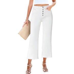 GRAPENT Capri Jeans for Women Trendy High Waisted Wide Leg Flare Button Fly Stretchy Denim Pants Raw Hem Cropped Jeans