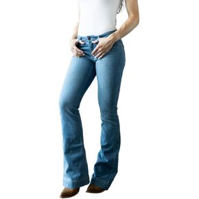 Kimes Ranch Women's Lola Soho Fade Western Mid-Rise Wide Flare Leg Light Wash Tri-Blend Denim Blue Jeans