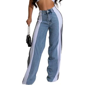 Angsuttc Women’s Jeans with Patchwork Stripes High Waist Loose Denim Color Block Jean Straight Wide Leg Pants