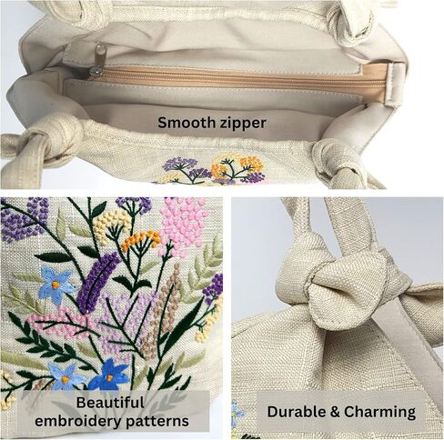 Embroidered Handbags for Women, Colorful Flower Shoulder Tote Bag with Zipper Fabric Hobo Bags, Mother's Day Bag in Saudi Arabia