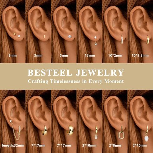 BESTEEL 13 زوجًا من الأقراط الذهبية الصغيرة للنساء، مطلية بالذهب عيار 14 قيراط خفيفة الوزن، أقراط هوجي لا تسبب الحساسية، لؤلؤ أنيق للهدايا in Kuwait