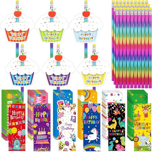 Fulmoon 90 Pcs Happy Birthday Gifts Sets for Kids Includes Color Changing Wood Pencils with Top Erasers Cupcakes Greeting Cards Birthday Bookmarks for School Classroom Students Birthday Party in Saudi Arabia