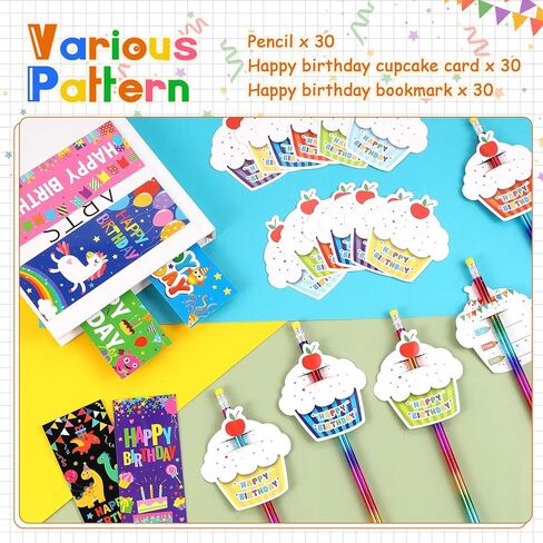 Fulmoon 90 Pcs Happy Birthday Gifts Sets for Kids Includes Color Changing Wood Pencils with Top Erasers Cupcakes Greeting Cards Birthday Bookmarks for School Classroom Students Birthday Party in Saudi Arabia