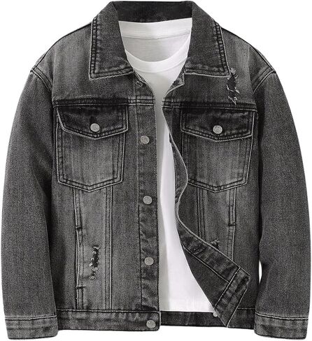 Boy's Denim Jacket Ripped Long Sleeve Button Down Jeans Jacket with Pocket in Saudi Arabia