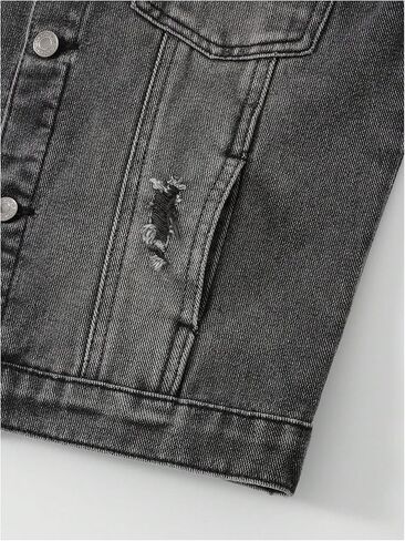 Boy's Denim Jacket Ripped Long Sleeve Button Down Jeans Jacket with Pocket in Saudi Arabia