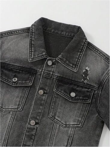 Boy's Denim Jacket Ripped Long Sleeve Button Down Jeans Jacket with Pocket in Saudi Arabia