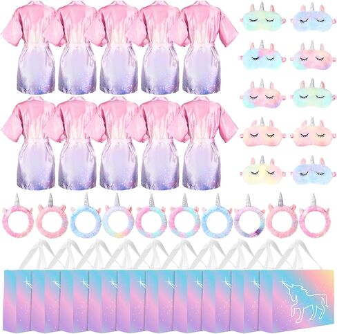 10 Sets Unicorn Spa Party Supplies for Girls Include Spa Satin Robe Headband Eye Mask Handbag Spa Sleepover Party Favors in Saudi Arabia