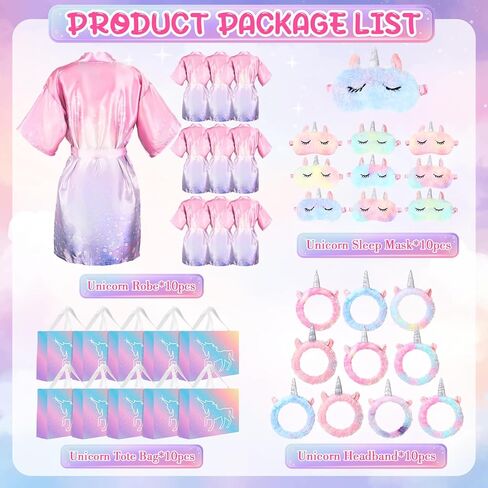 10 Sets Unicorn Spa Party Supplies for Girls Include Spa Satin Robe Headband Eye Mask Handbag Spa Sleepover Party Favors in Saudi Arabia