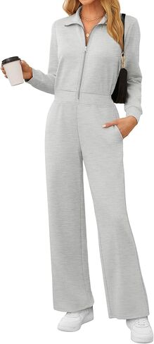 جمبسوت من قطعة واحدة للنساء من SAMPEEL موضة خريف 2024 غير رسمية بنصف سحّاب للسفر والطائرة والإجازات بأرجل واسعة in Kuwait