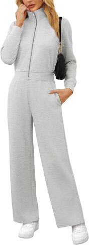 جمبسوت من قطعة واحدة للنساء من SAMPEEL موضة خريف 2024 غير رسمية بنصف سحّاب للسفر والطائرة والإجازات بأرجل واسعة in Kuwait